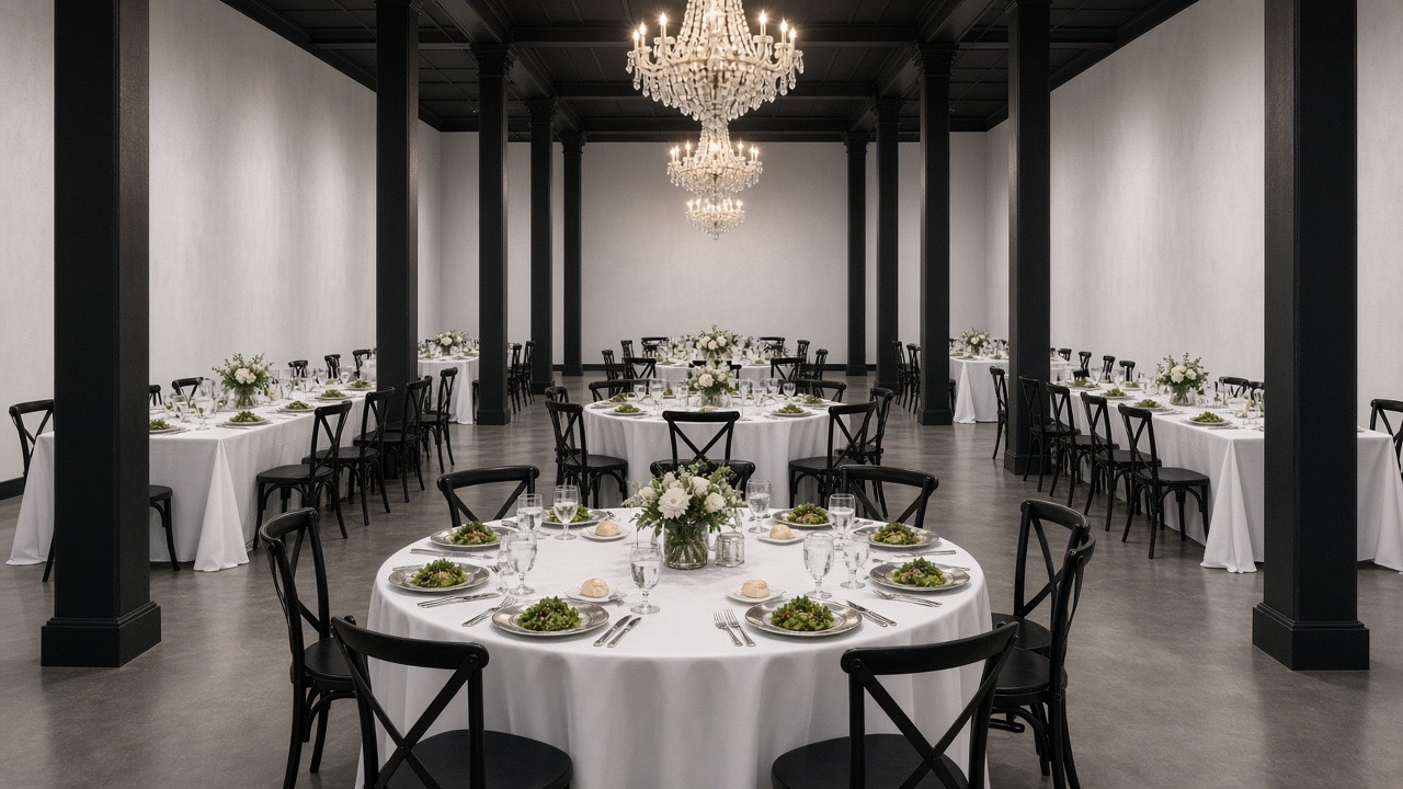 Black and white ballroom with crystal chandeliers and cross-back chairs