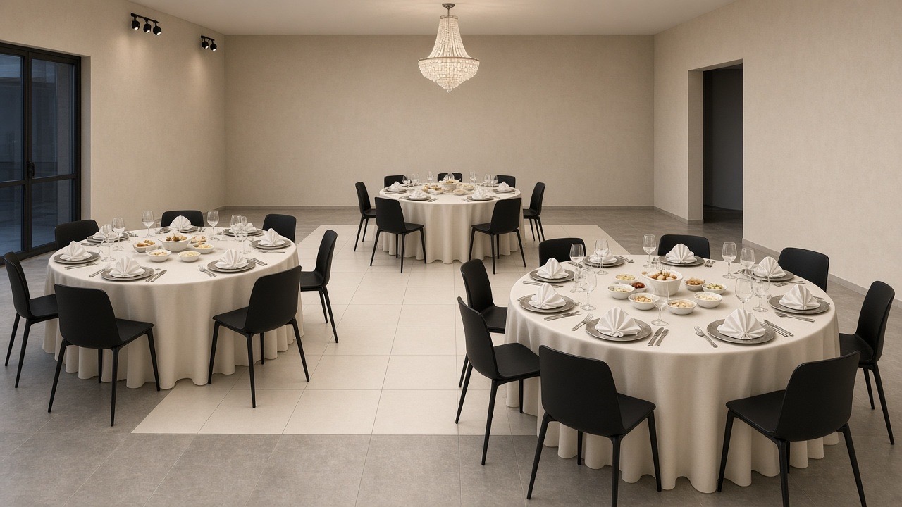 Modern banquet room with white linens and contemporary black chairs