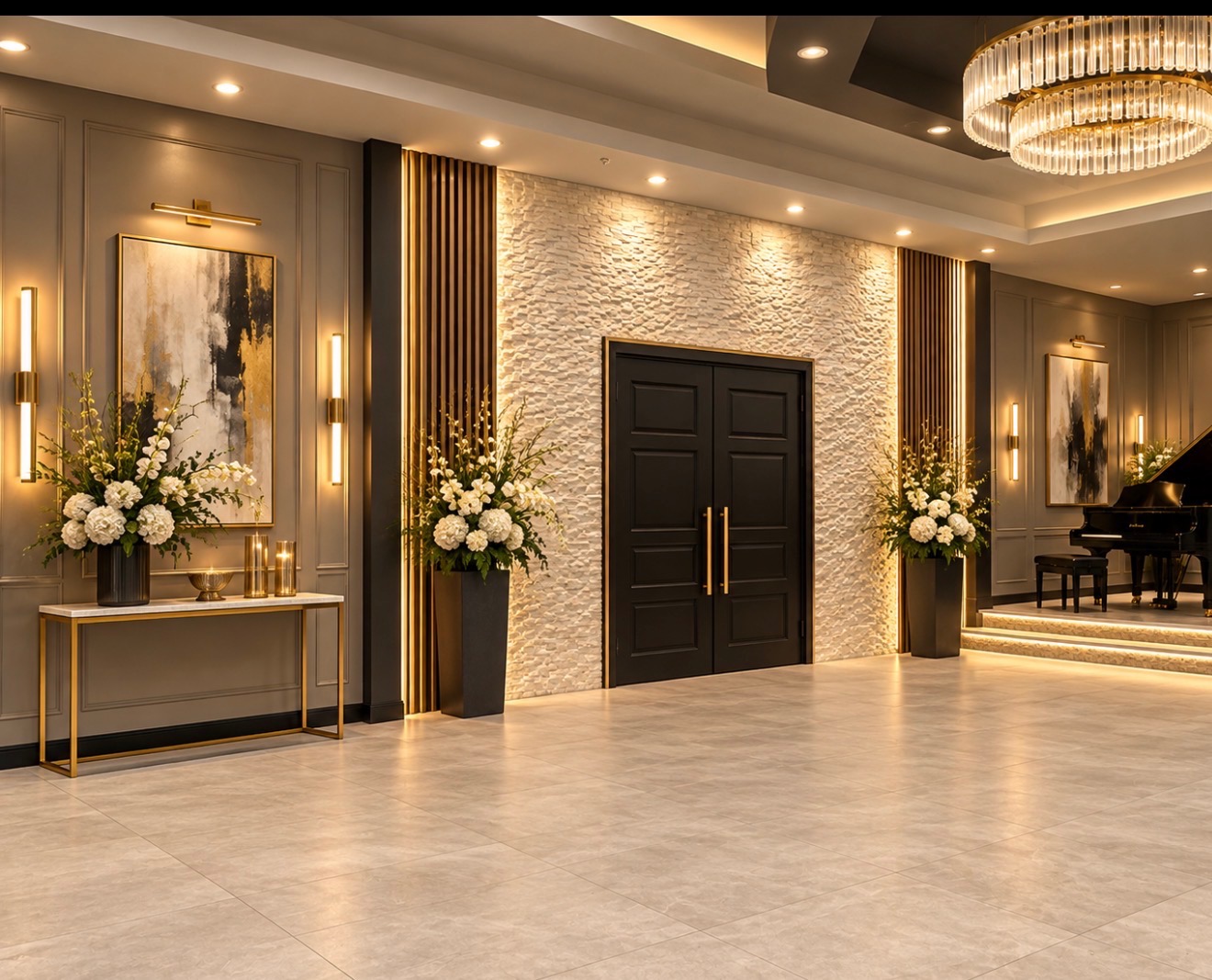 Grand entrance with stone feature wall, piano lounge, and chandelier