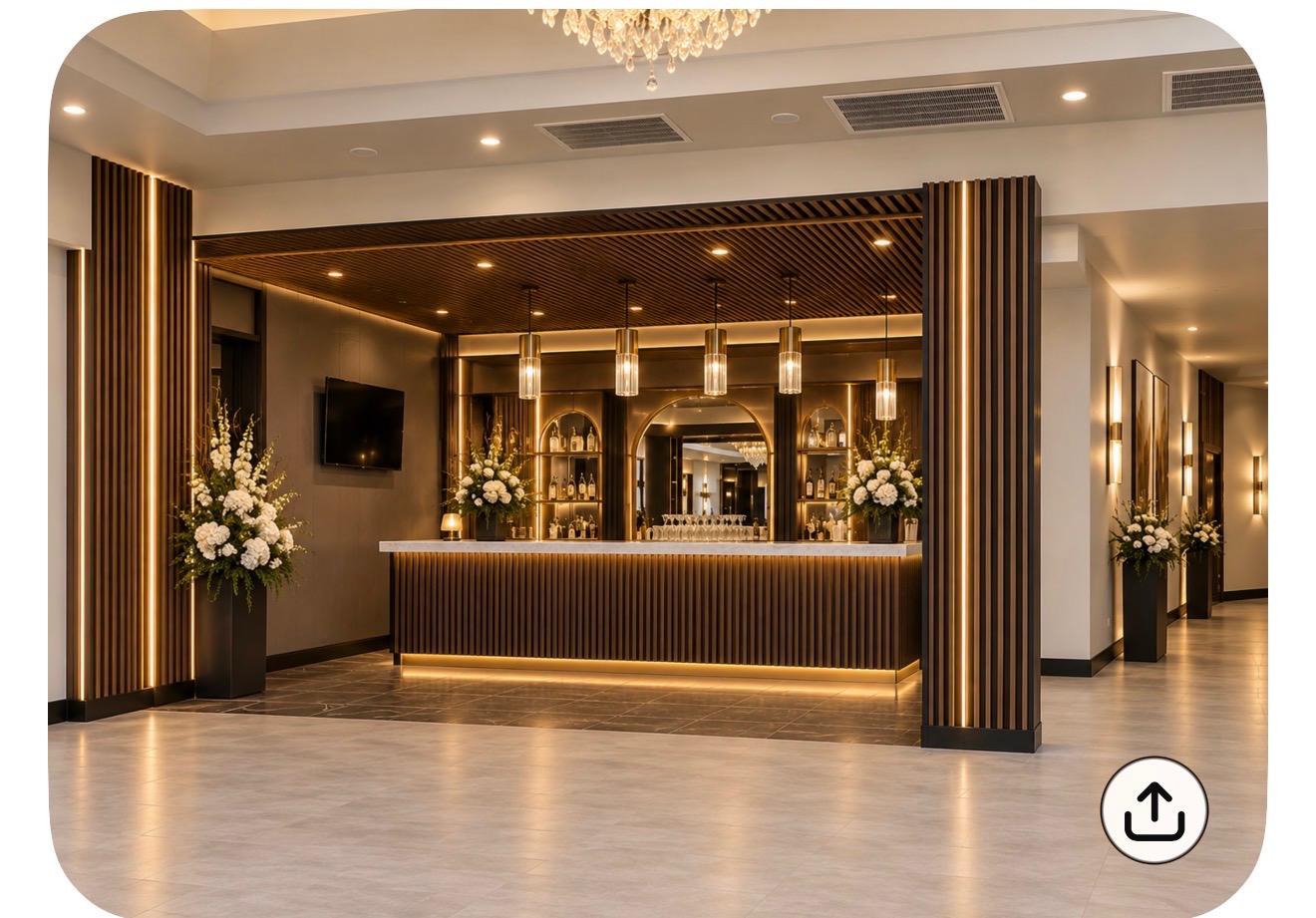 Modern lounge bar with marble top and pendant lighting